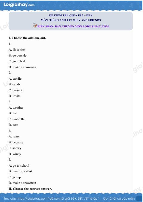 Đề thi giữa kì 2 Tiếng Anh 4 Family and Friends - Đề số 6